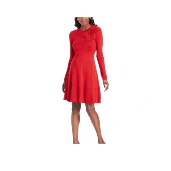 Eliza J Knit Bow Neck Long Sleeve Red Dress Size Small - Picture 2 of 5